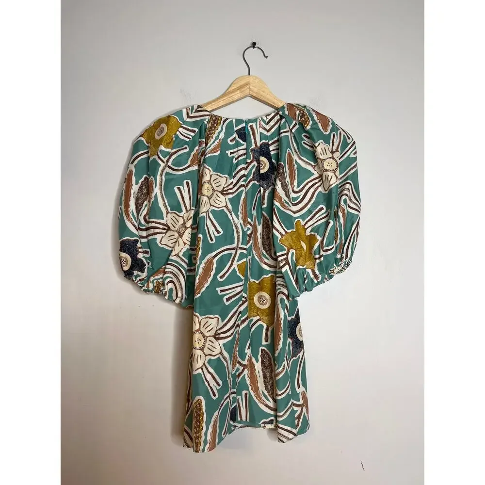NEW Ulla Johnson Anila Floral Puff Sleeves Crew Neck Blouse Top in Topaz